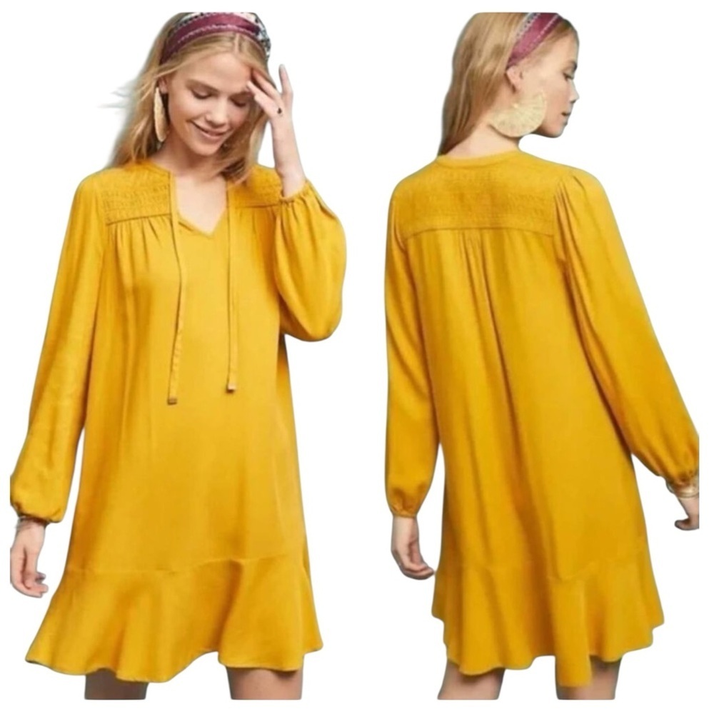 Maeve Anthropologie Ragonda Mustard Boho Tunic Mini Dress Long Sleeve 4